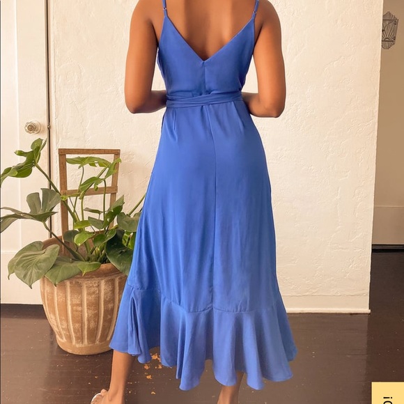 Lulus Manhattan Moment Blue Wrap Ruffled Midi Dress - Picture 3 of 9